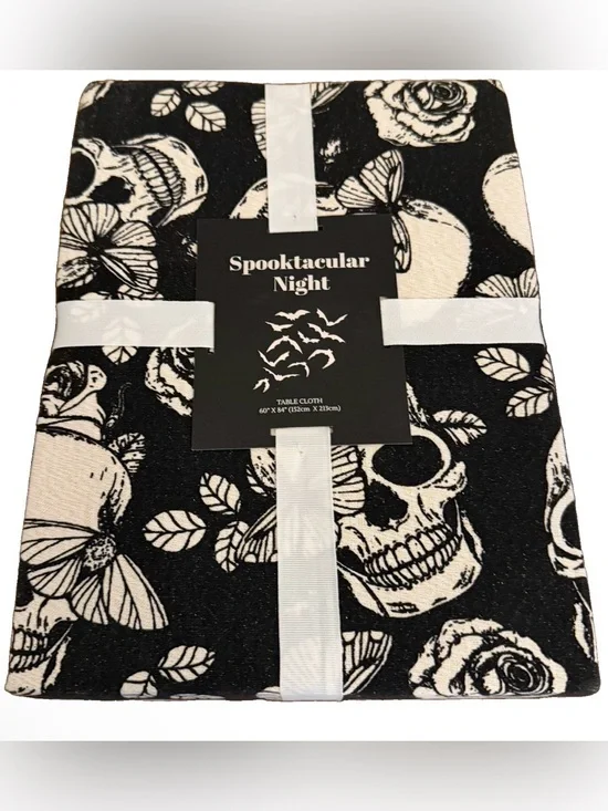 Spooktacular Night Black & White Skull Tablecloth Size 60”x84” NWT