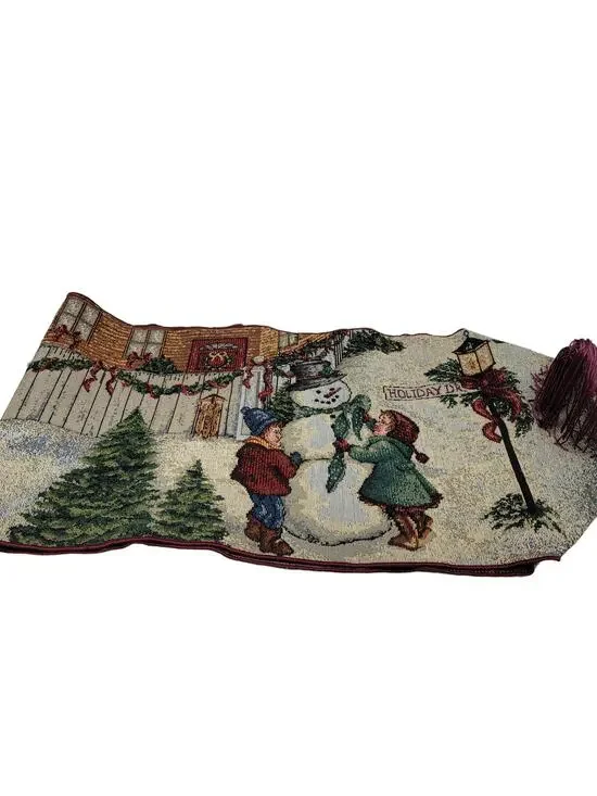 Vintage Christmas Holiday Snowman Table Runner with Tassels Size 72x13 Tapestry