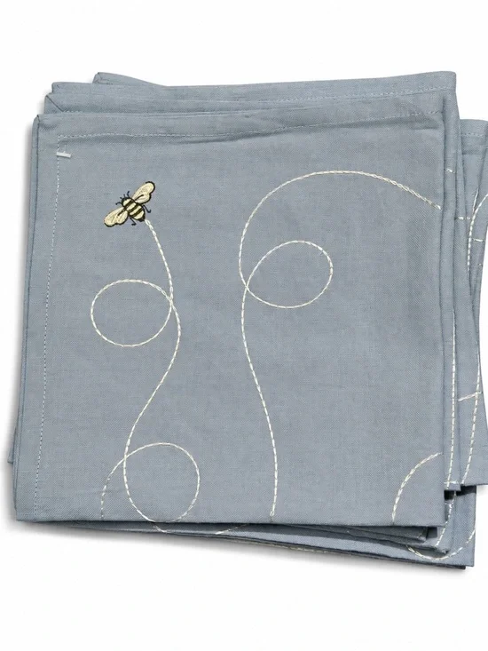Bee Embroidered Blue Cotton Napkins - Set of 6