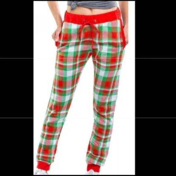 Tipsy Elves Plaid Joggers Red, Green, and White, Women's Small. Festive