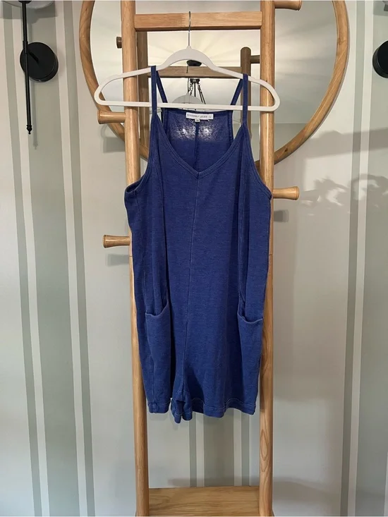 Sincerely Jules Sleeveless Harem Jumpsuit Romper in a washed blue heather denim