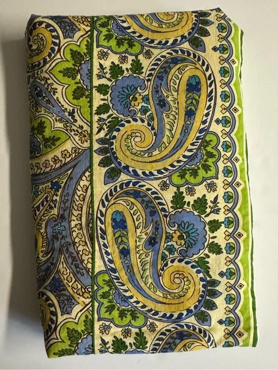 Vintage April Cornell Blue,Green & yellow Paisley Print Round 70” Tablecloth