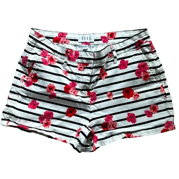 ELLE Floral High Waisted Shorts Women’s Sz 10 Stripes Coastal