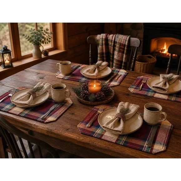 Set of 4 Plaid Fabric Placemats Thick Quilted Table Mats‎ Country Cottage Cabin