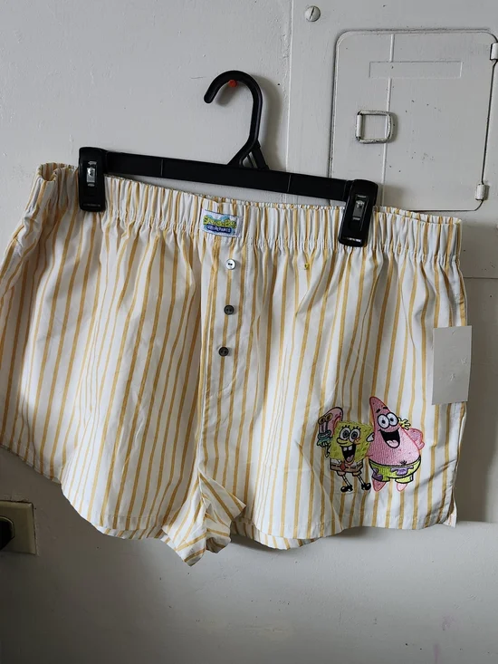 Nickelodeon White and Yellow Striped Women Shorts with SpongeBob & Patrick