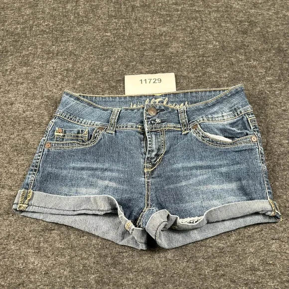 Wall Flower Rolled Hem Shorts Womens 5 Blue Denim Ramie Stretch Whiskers Detail