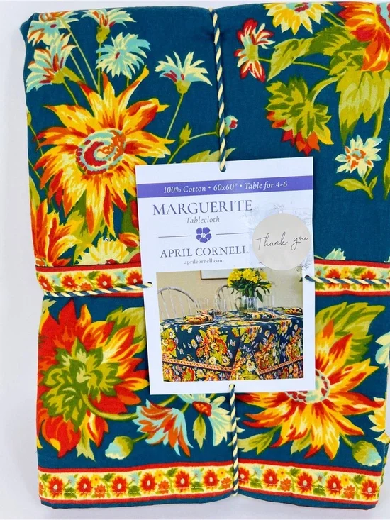 April Cornell Marguerite Floral Tablecloth Teal Yellow Orange 60