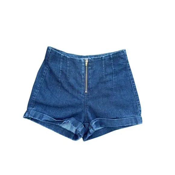 Boom Boom High Rise Denim Shorts Gold Front Zip Size 0
