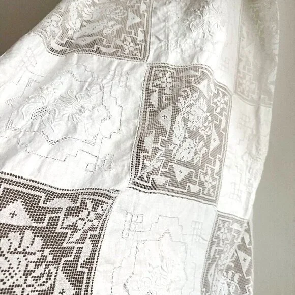 Vintage White Cotton Crochet Lace Embroidered Squares Table Covering Cloth