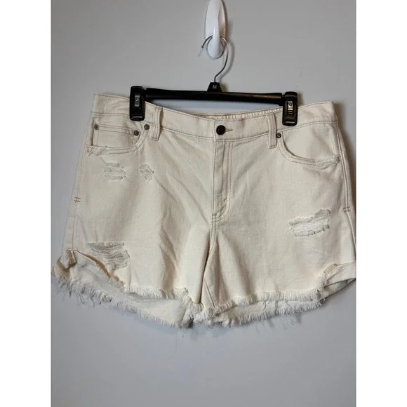 Aerie Womens Distressed Denim Shorts Cream Off White High Waisted Size L