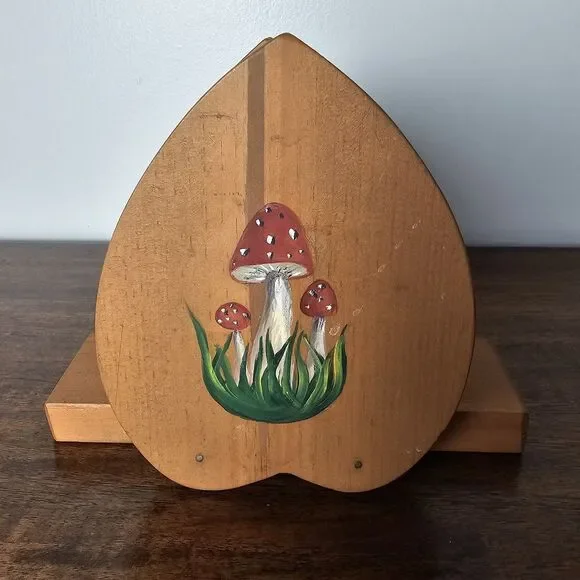 Handmade Hand-Painted Wooden Mushroom Napkin Holder Cottagecore Rustic Folk Art