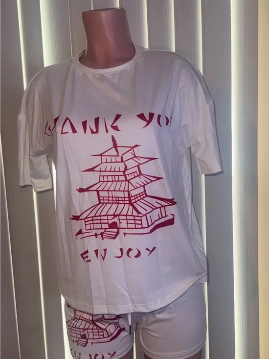 White T-Shirt and Shorts Set with Red Pagoda Graphic