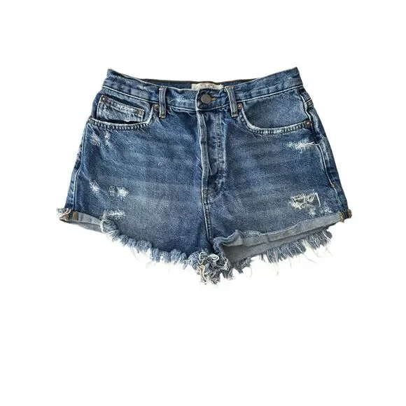We The‎ Free Jean Shorts Women 28 Blue Denim Distressed Cut Off Button Fly