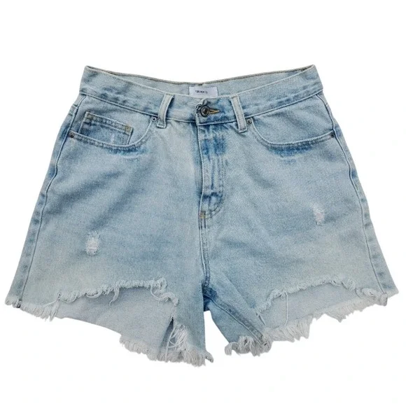 Forever 21 Blue Distressed Jean Shorts Frayed Hem 5 Pocket Light Wash SZ:28
