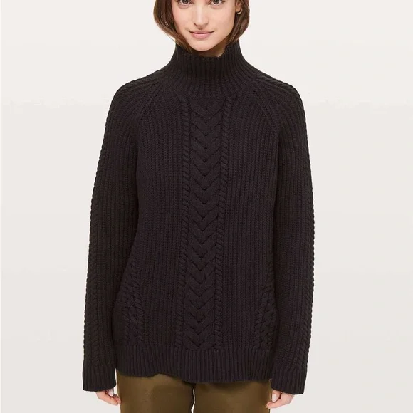 Lululemon Bring The Cozy Sweater Black Cotton Cable Knit Turtleneck