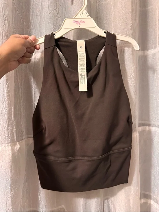Lululemon Everlux shelf tank in Espresso w spell-out & built in bra Size 4