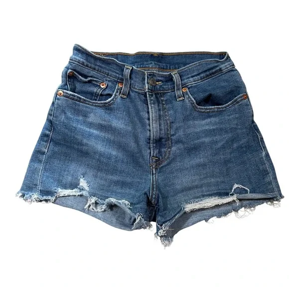Levis 501 High Rise Distressed Denim Shorts Medium Wash Blue Size 27 Casual‎
