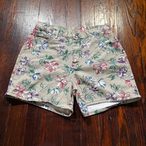 Vintage Lee Floral Denim Shorts Womens 18 Tan High Waisted 90s Made in USA