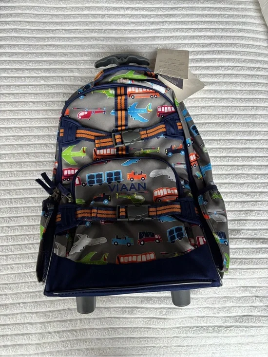 Pottery Barn for Kids Rolling Backpack - Grey with Multi-Vehicle print