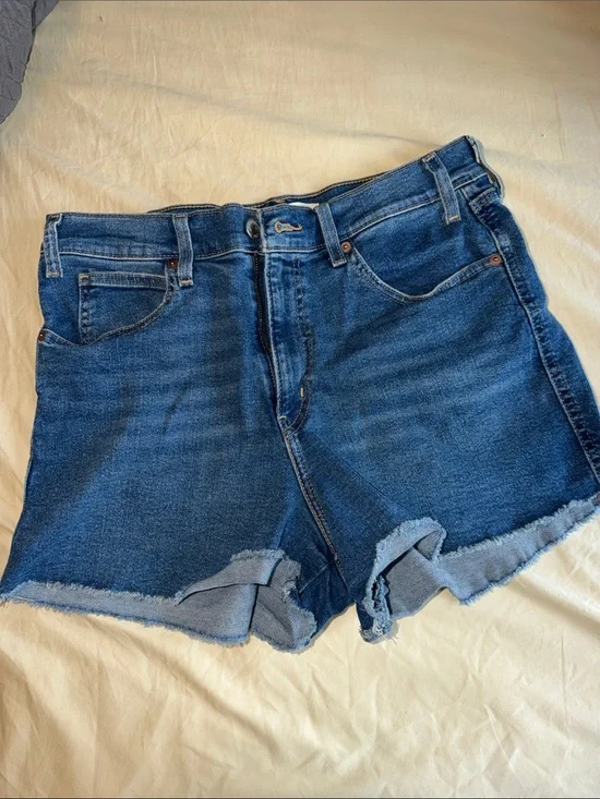 Dark Blue Denim Jean Shorts with Frayed Hem