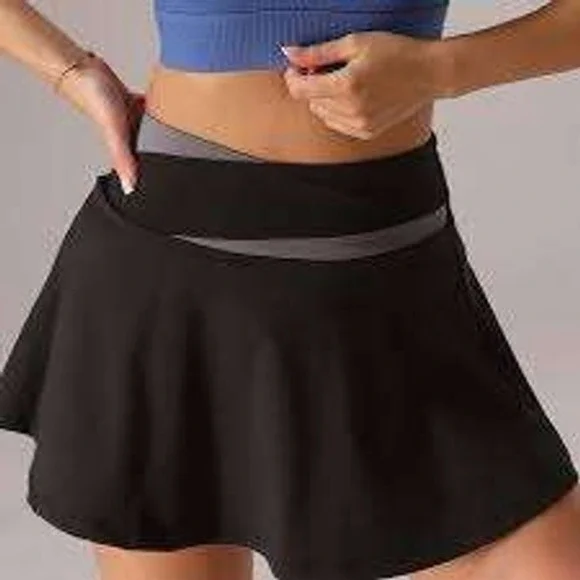 Athletic Crossover Waist Skort Black Grey Flared Tennis Golf Mini Skirt 26