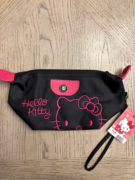 Hello Kitty Black Pink Wristlet Cosmetic Pouch NWT Sanrio