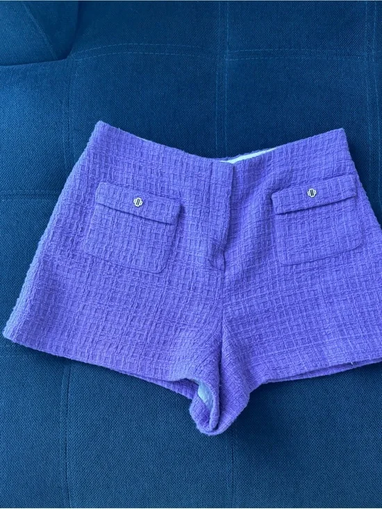 Maje Lavender Tweed High-Waist Pocket Shorts