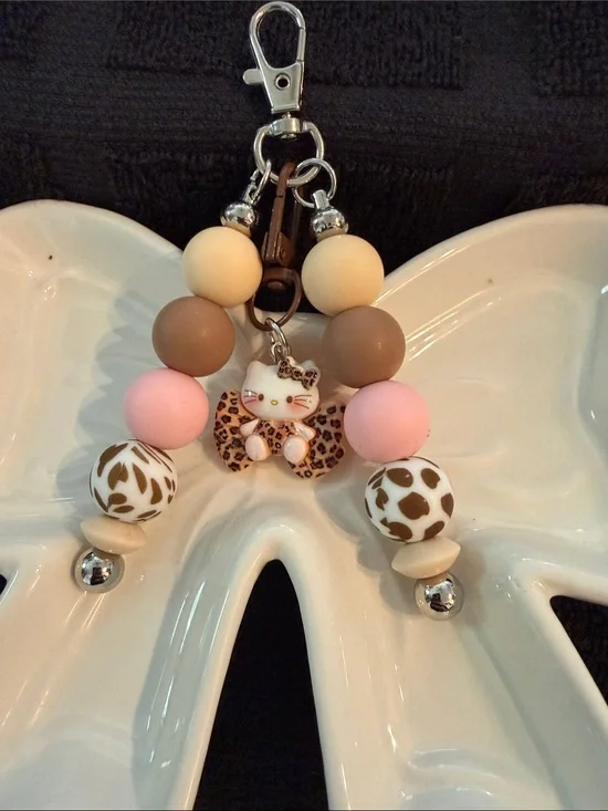 Leopard Cat Beaded Keychain for Kids - Pink & Brown