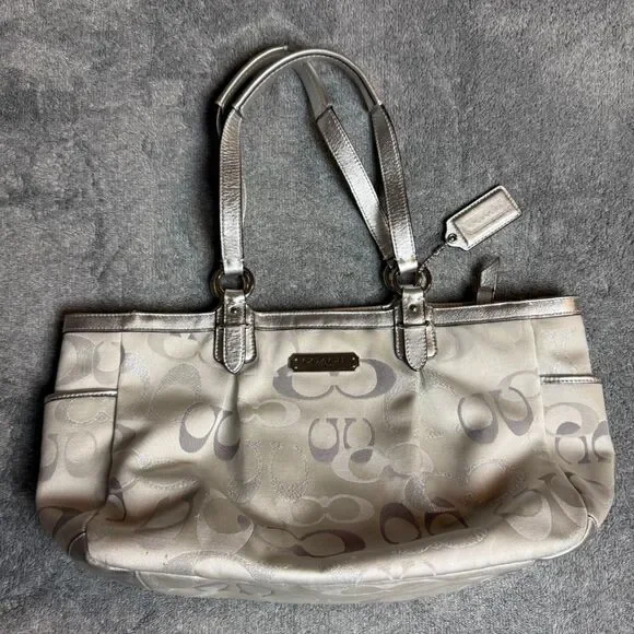 Coach Silver Metallic Signature Jacquard Tote Shoulder Bag Pink