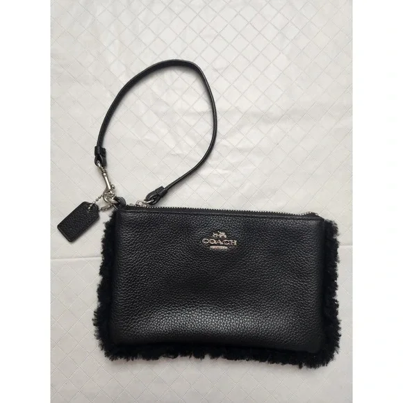 Coach Clutch Wristlet Womens Small Black Leather Shearling Pouch Wrist Strap