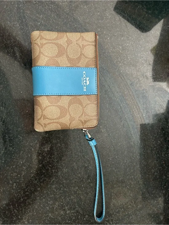 Coach Tan Signature Canvas Wristlet with Blue Leather Band