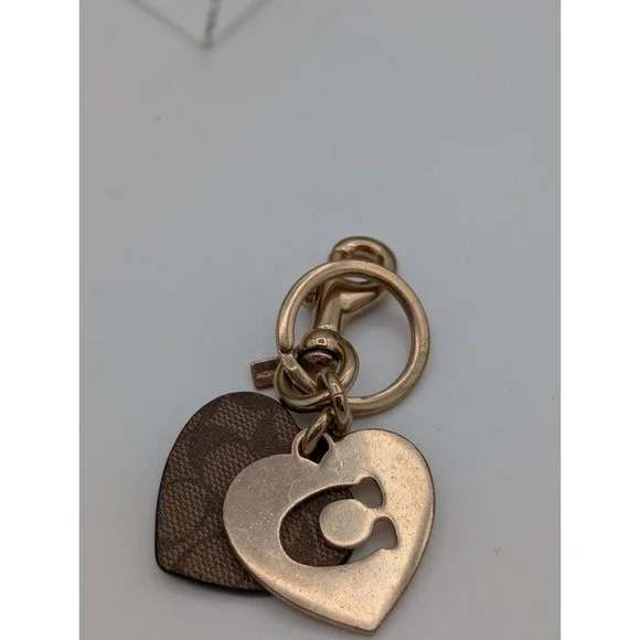 Coach Heart Logo Keychain Gold Tone & Signature Brown Leather Charm Key Ring