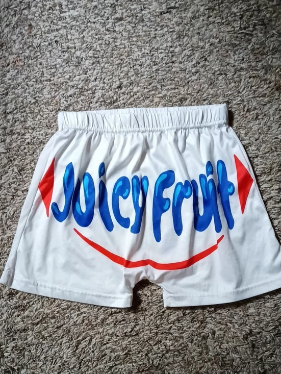 NWOT White 'Juicy Fruit' Graphic Shorts with Blue & Red Print Sz M