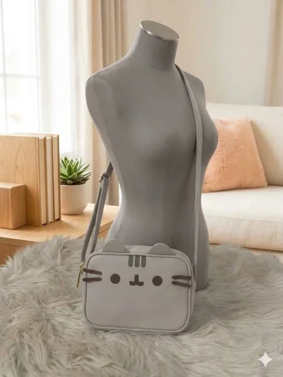 Pusheen Face Crossbody Bag light gray.