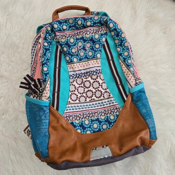 Garnet Hill Kids Floral Boho Backpack Blue Pink Monogram School Bag 17in