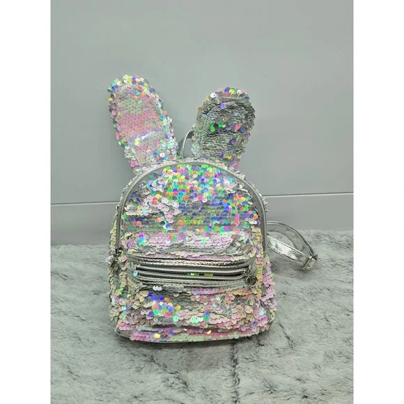 Justice‎ Girls Sequin Bunny Ears Mini Backpack Silver Rainbow Sparkle