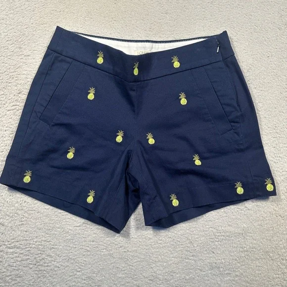 J.Crew Pineapple Embroidered Shorts Womens 00 Navy Blue Chino Tropical Summer‎