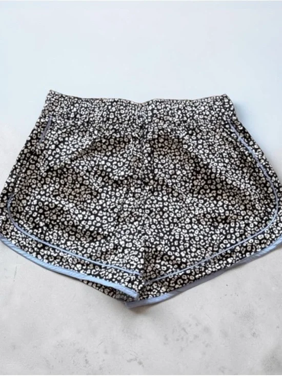 Black & White Leopard Print Women's Athletic Shorts with Light Blue Trim