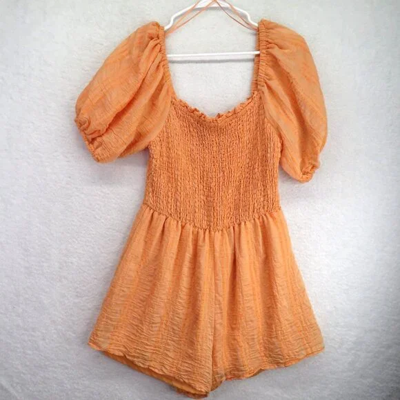 A Calin Romper Womens Medium Orange Puff Sleeve Smocked Boho Summer Jumpsuit‎