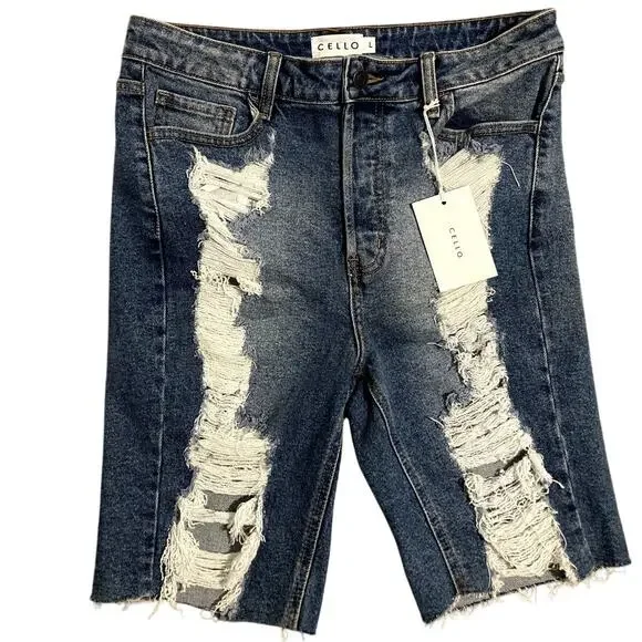 Cello Denim Jean Shorts Womens‎ Large Blue Ripped Distressed Button Fly Grunge
