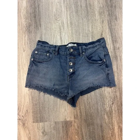 Free People Runaway Jillian Button Fly Cut‎ Off Denim Blue Jean Shorts Sz 26