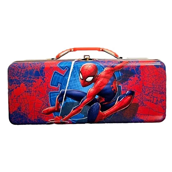 Spiderman Metal Tin Box Back to School Storage Clasp Handle Red Blue Gift NEW