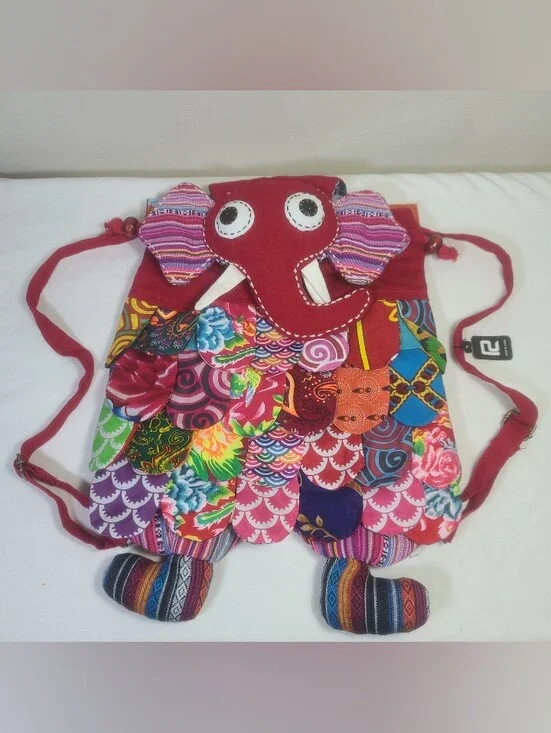 Colorful Elephant Patchwork Backpack - Red & Multicolor