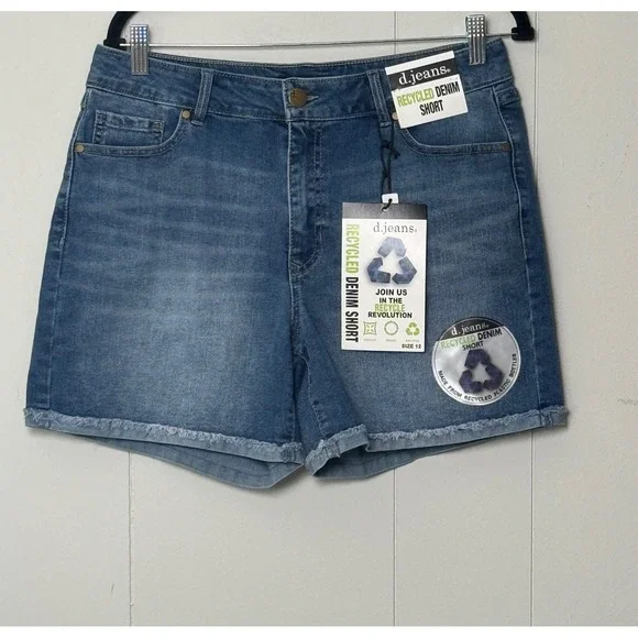 d.jeans Women's Recycled Denim Shorts Medium Wash Frayed Hem High Rise Eco Sz 12