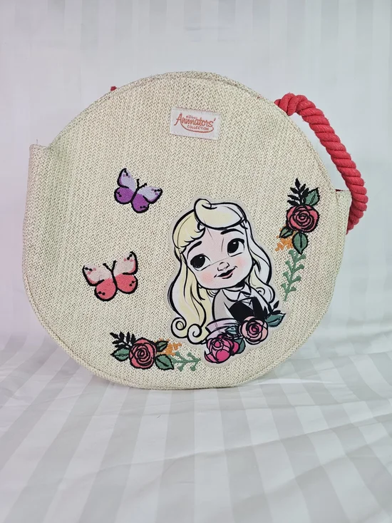 Disney Beige Round Straw Mini Bag with Pink Handle and Floral Art