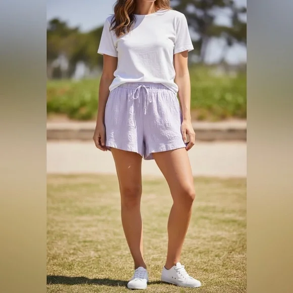 BP. Smocked‎ Shorts Purple Spray Drawstring Waist Lined Casual Comfy Large NWT
