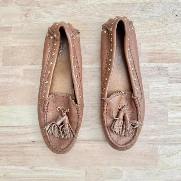 Coach Brown Leather and Gold Stud Flats‎ tassel fringe 5.5 loafer