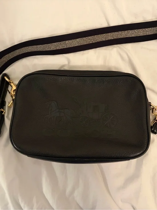 Coach Black Leather Crossbody with Striped Shoulder Strap and Gold Hardware