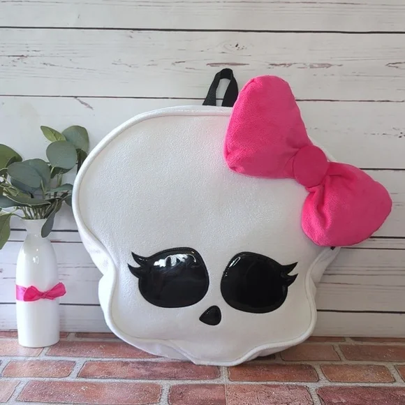 Monster High Skull Plush Pillow White Backpack Skullete with Pink Bow‎ 2011 RARE