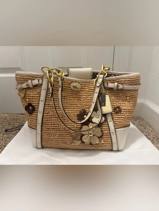Coach Straw Tote with Floral Appliqués in Natural and White NWT